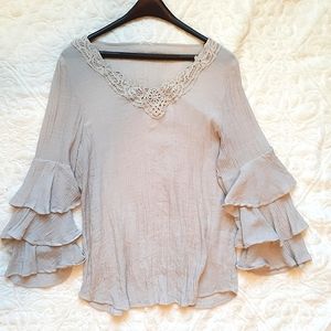 Bell Sleeve Tunic Boho Blouse Flowy Tan Beige Lace Coastal Grandma Ruffle Tiered